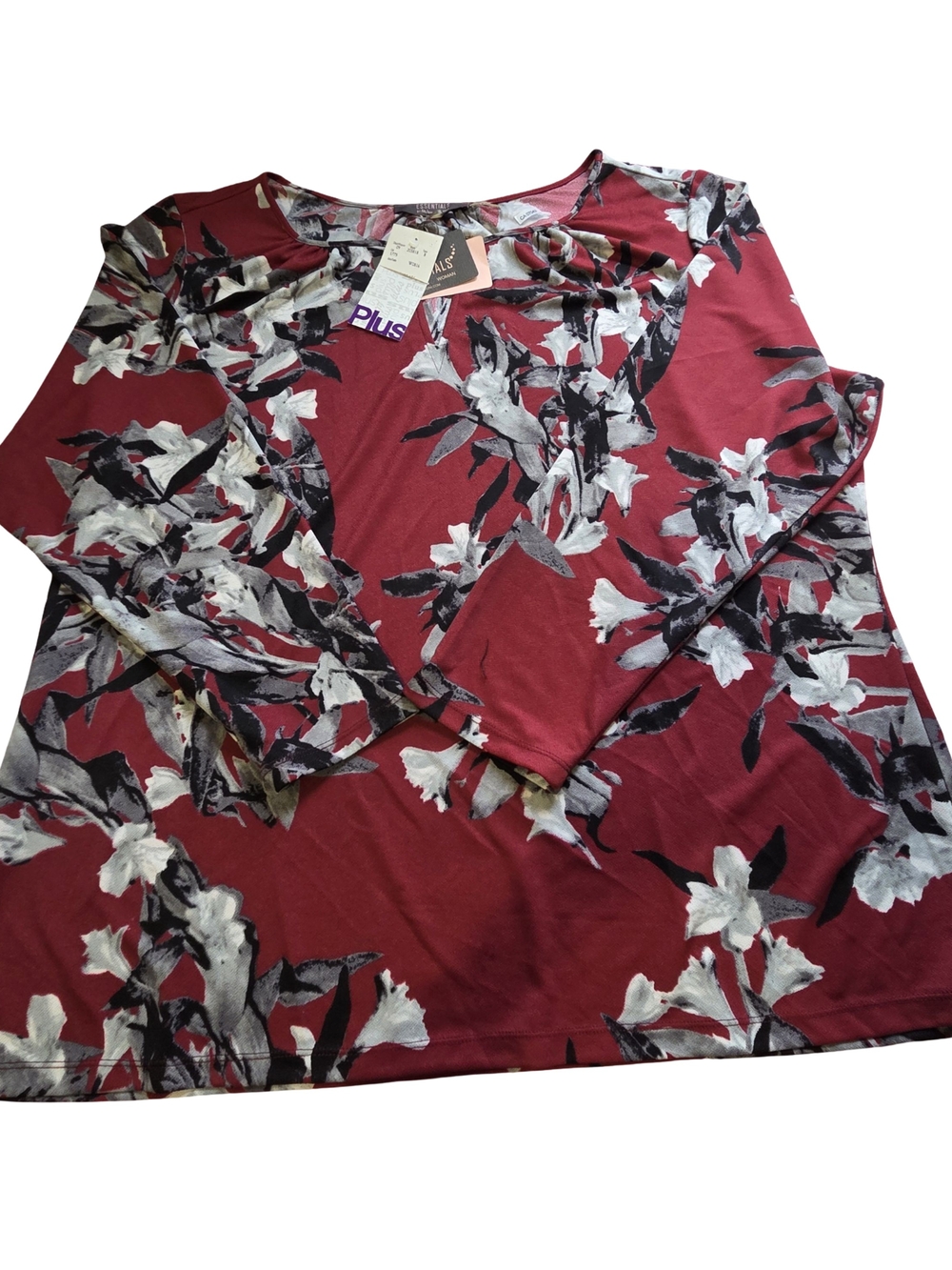 Essentials Burgundy Floral V-Neck Long Sleeve Top